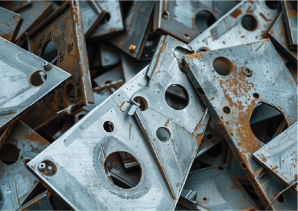 A pile of rusted, cut metal scrap and plates with various circular and angular holes.